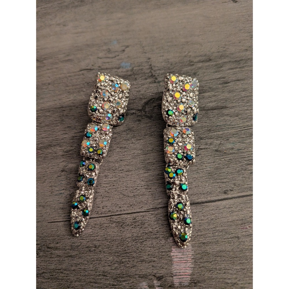 Silver Tone Iridescent Green Rhinestone Three Tier Dangle Statement Earrings